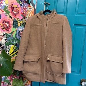 J. Crew Tan Pea Coat with Faux Fur Trim